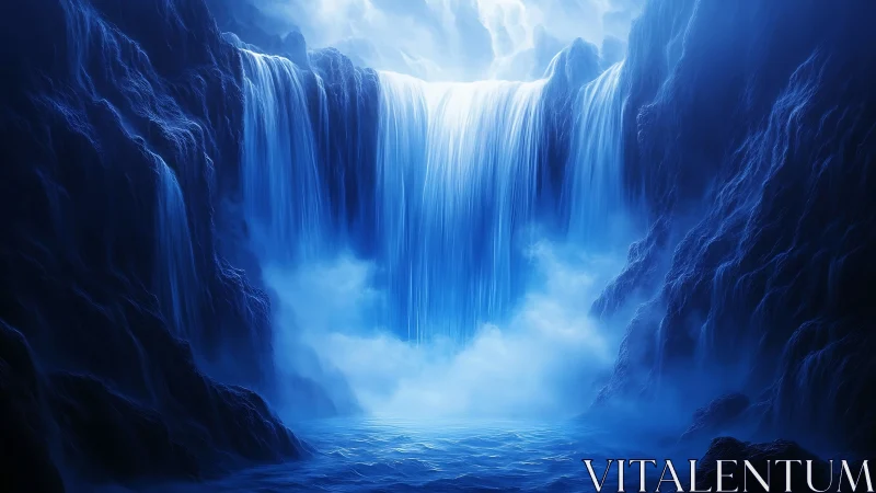 Blue illuminated waterfall in rocky cavern environment.