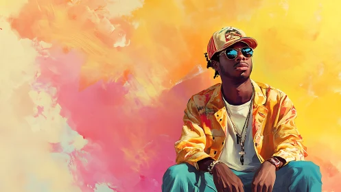 Man in bright streetwear sits before vivid abstract colors