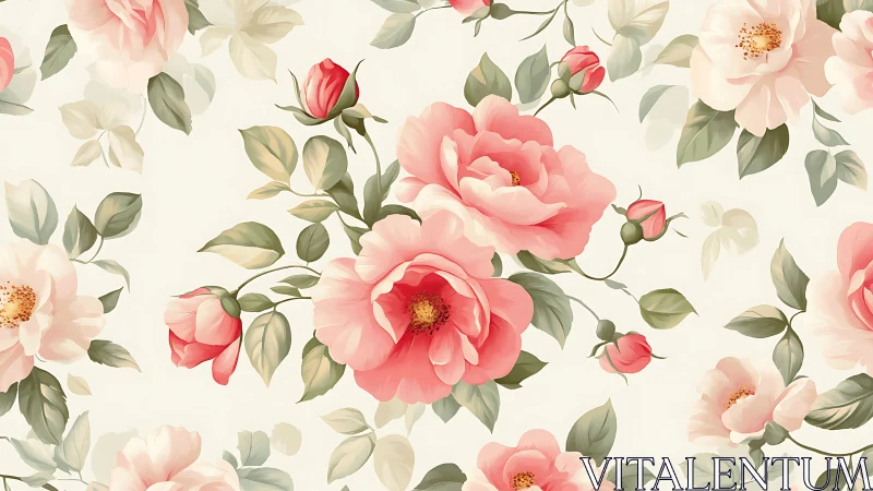 Botanical Pattern With Layered Pink and White Roses