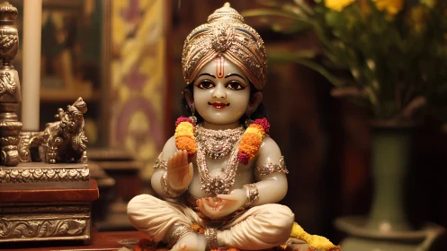 Gentle baby Krishna idol glowing with soft festive warmth.