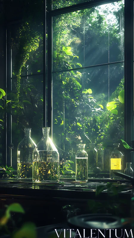 Sunlit glass flasks quietly brew a secret forest elixir