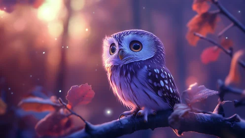 Whimsical baby owl perched on branch in dreamy, magical forest.