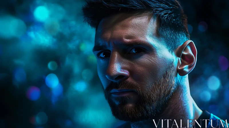 Male portrait in high-contrast blue lighting with bokeh background