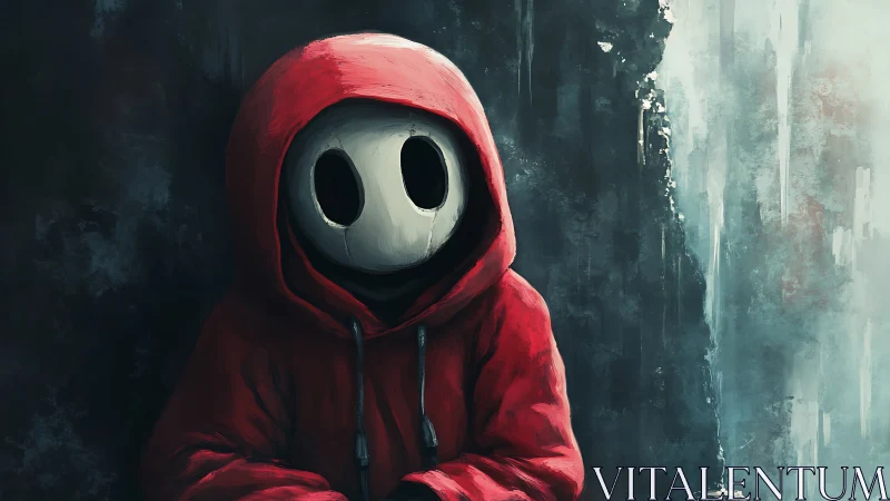 Quiet hooded wanderer in red against a moody city wall.