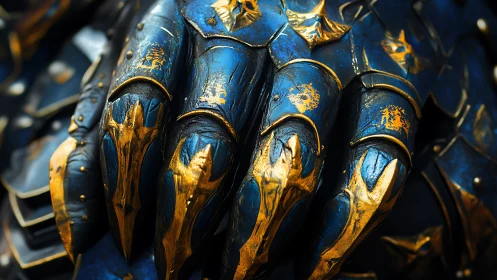 Detailed close-up of ornate blue and gold armored gauntlet.
