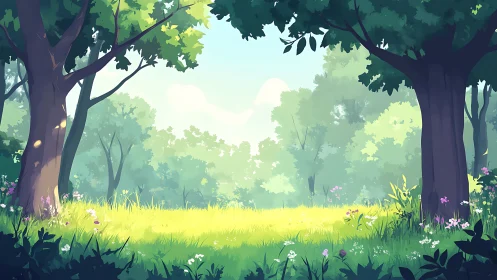 Sunlit Forest Clearing with Verdant Canopy.