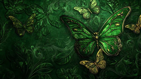 Emerald butterflies with filigree wings dominate ornate foliage field