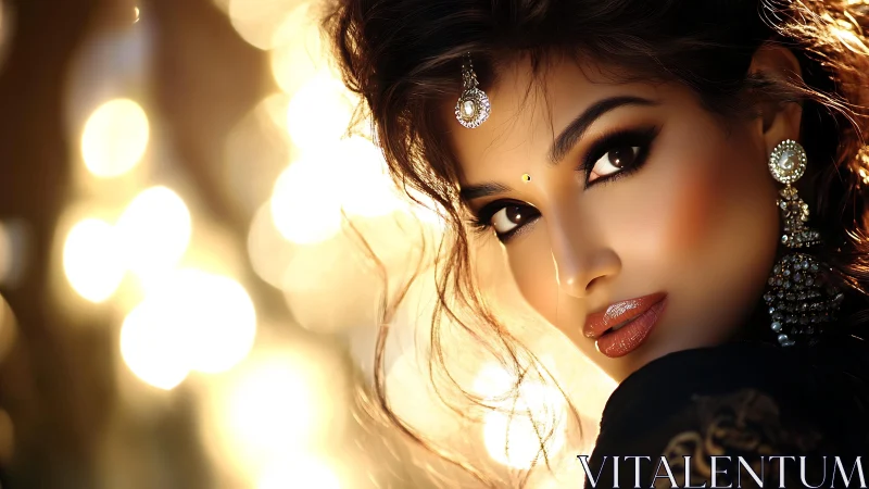 Photorealistic glamour portrait with luminous bokeh field.