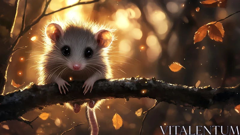Backlit forest mouse on branch amid glowing autumn embers.
