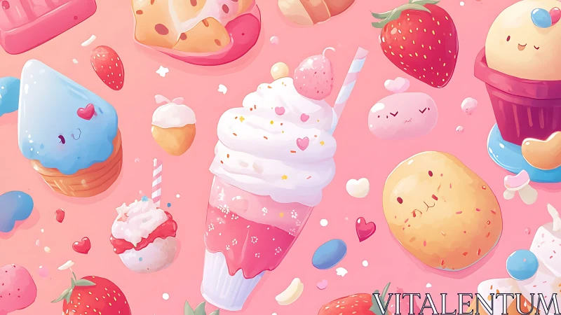 Sweet Treats and Smiling Strawberries Dance Across Pink Dreams