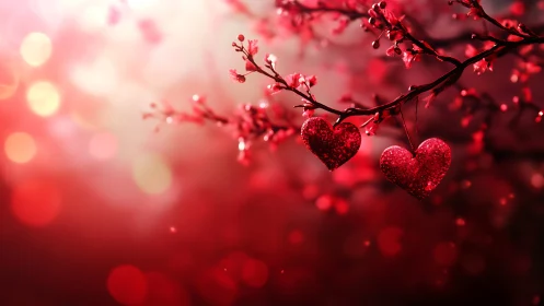Glittered heart-shaped ornaments suspended from flowering branches with bokeh background