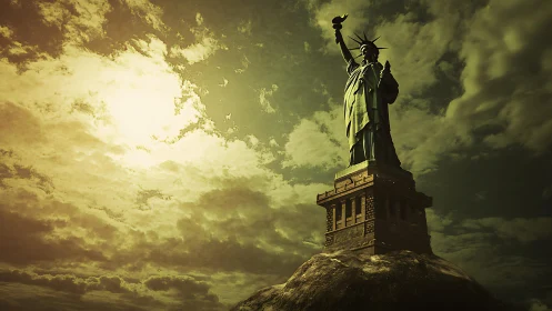Statue of Liberty silhouette under dense cloudy sky.