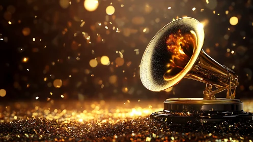 Golden gramophone trophy under dramatic studio lighting.