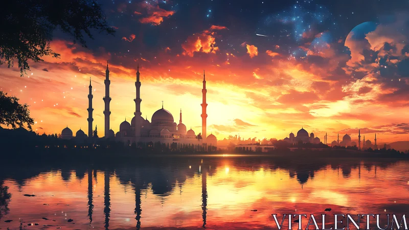 Celestial mosque skyline mirrored in blazing cosmic sunset.