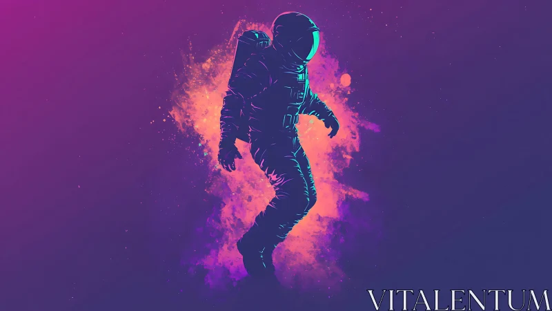 Chromatic astronaut silhouette in neon vapor dispersion field.