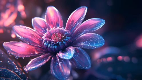 Synthetic flower rendered with iridescent petals and luminescent surface detail