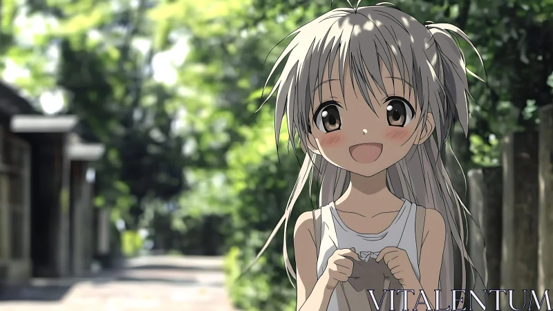 Smiling silver haired anime girl on sunlit bokeh street path