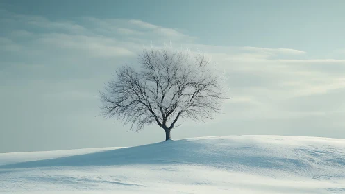Solitary Tree on Snowy Hill in Minimalist Winter Landscape.