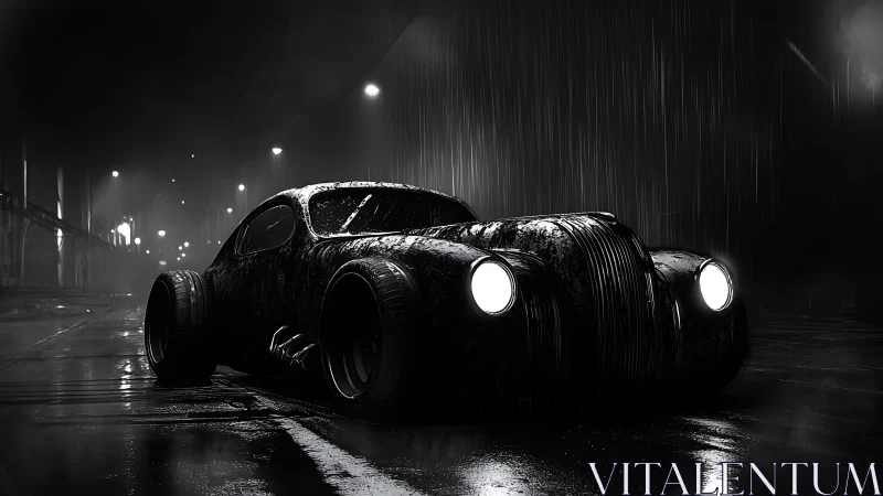 Noir rain-soaked retro hot rod rendered with high-contrast lighting