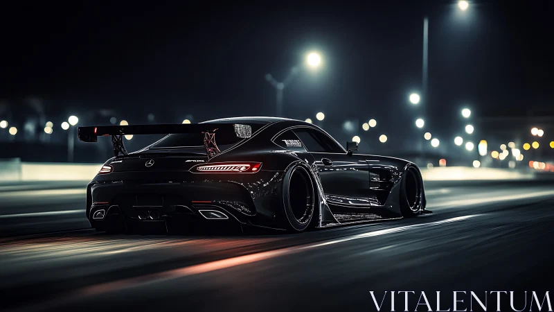 Modified black sports coupe moves along illuminated roadway