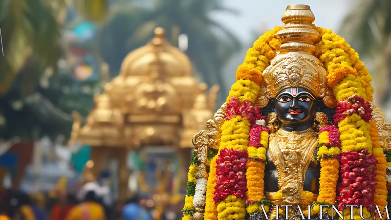 Hindu deity statue draped in vivid marigold flower garlands.