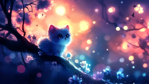 Luminous White Cat Perched on Glowing Branch