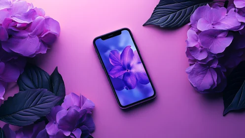 Smartphone Display with Purple Floral Composition Against Pink Surface