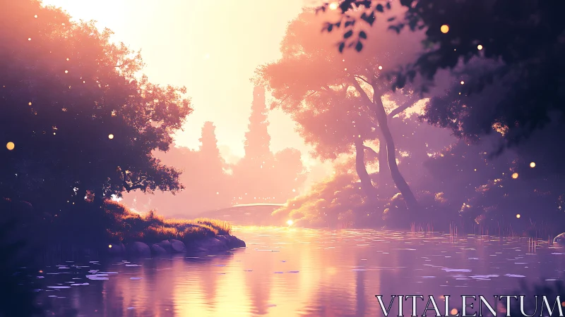 Volumetric dawn over reflective forest river corridor.