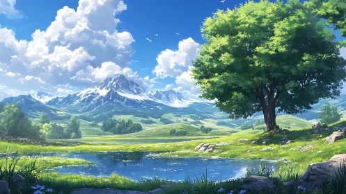 Digital landscape painting of alpine meadow and reflective pond.