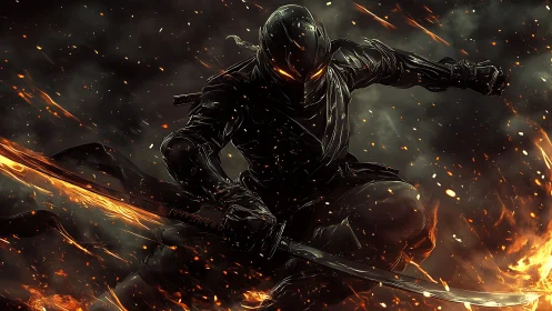 Flame-wreathed cyber ninja lunges through burning embers.