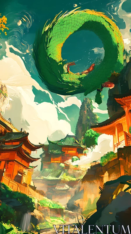 Green dragon circling above layered cliffside temples.