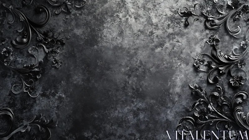 Ornate black floral scrolls on textured concrete field.