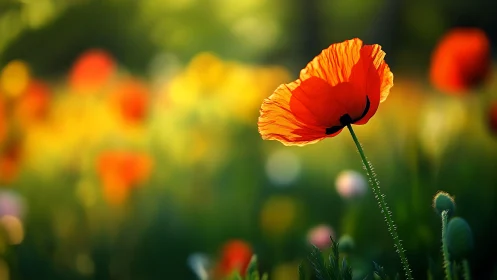 Red-Orange Poppy with Wrinkled Petals in Sharp Focus Against Bokeh.
