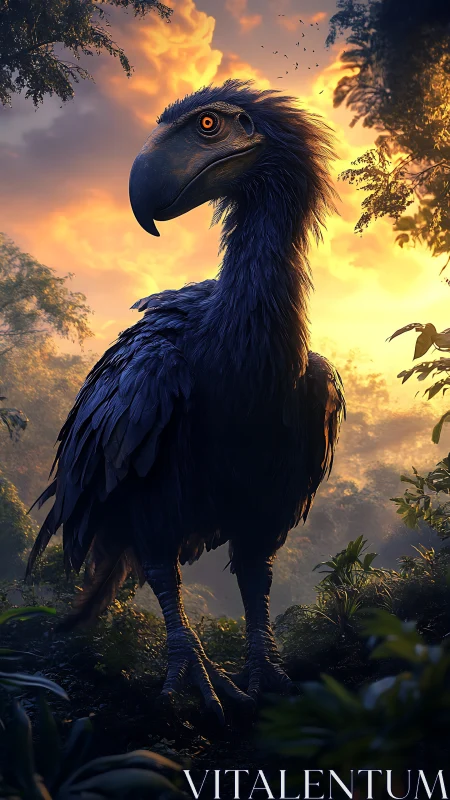 Large prehistoric bird in dense jungle under sunset sky.
