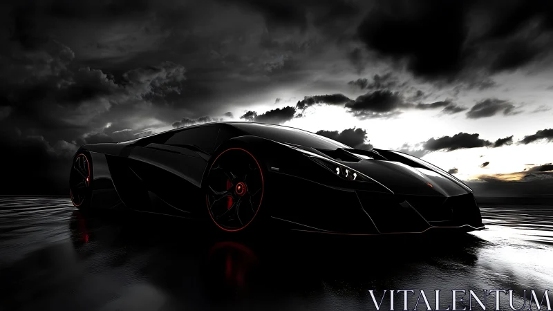 Sleek black supercar on wet reflective surface at dusk.