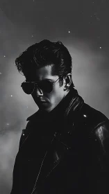 Moody monochrome portrait of man in leather jacket.