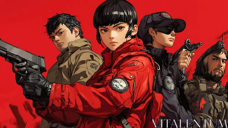 Armed tactical anime squad in red and black uniforms posed.