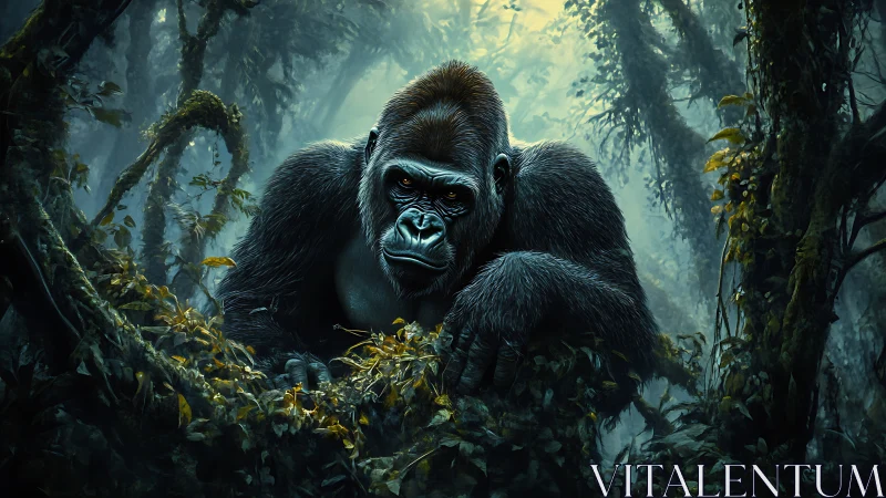 Gorilla resting among dense jungle foliage in misty light.