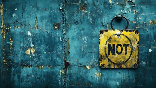 Weathered yellow NOT sign on distressed blue metal wall.