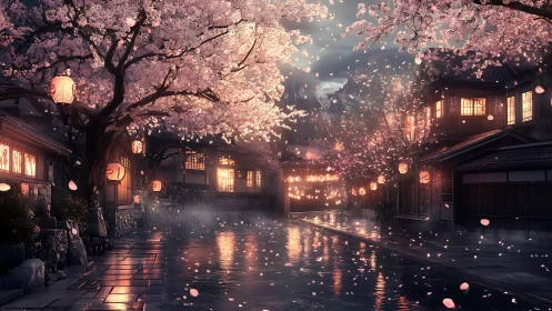 Nocturnal cherry blossoms over lantern-lit canal street.