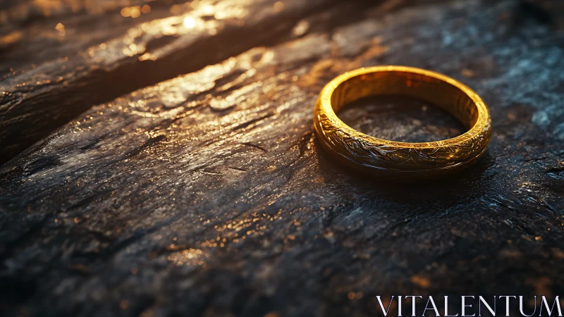 Gold ring rests on textured rock surface under warm light