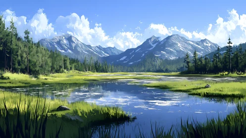 Gentle alpine lake rests below bright, snow-touched mountains