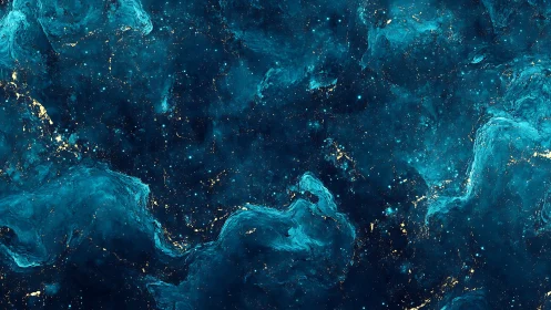 Teal cosmic nebula swirls with gold flecks in deep space