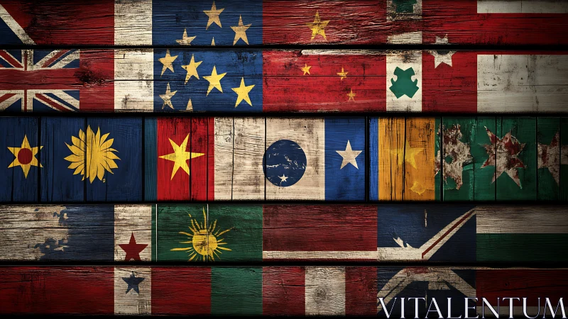Colorful world flags glow on rustic painted wooden planks