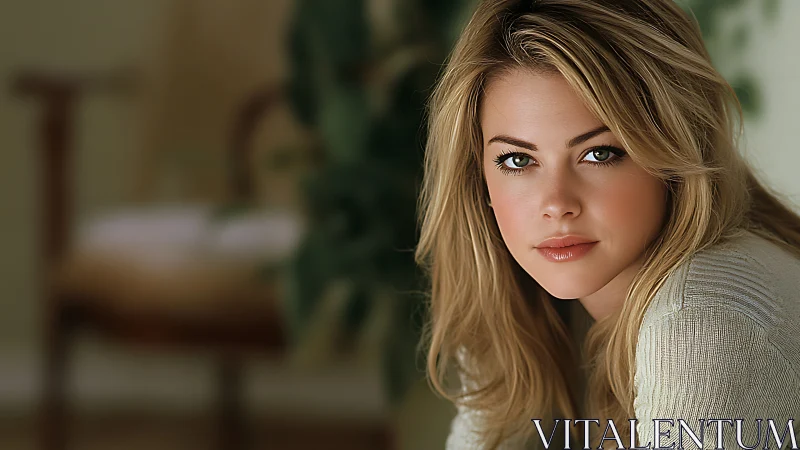 Soft-focus portrait of blonde woman in warm interior light