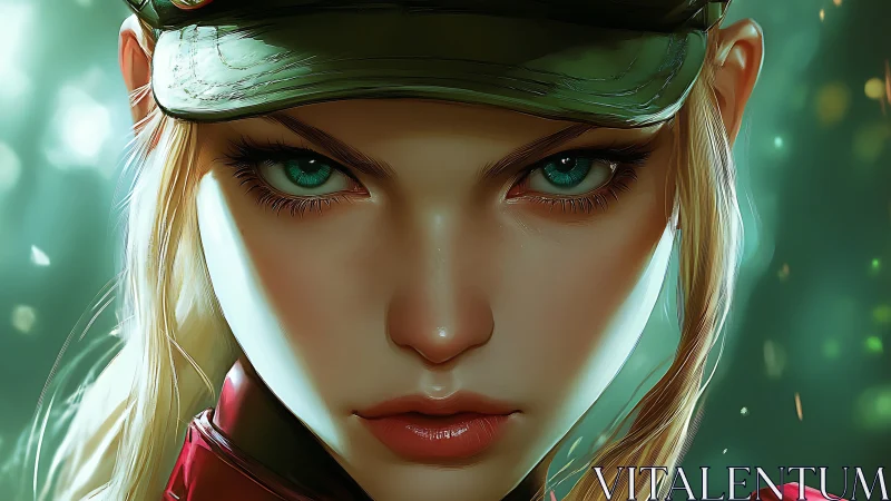 Intense teal-eyed soldier portrait in cinematic green light.