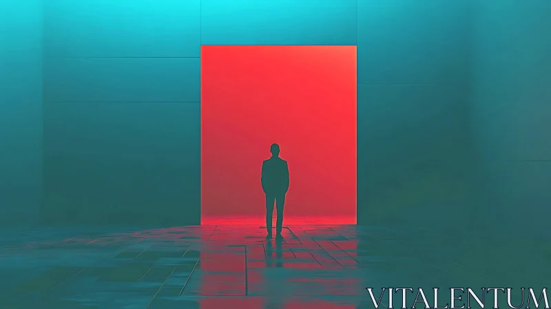Silhouette stands before neon portal in minimalist void