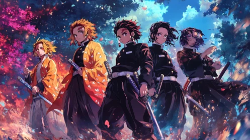 Five anime swordsmen standing in vivid forest light.