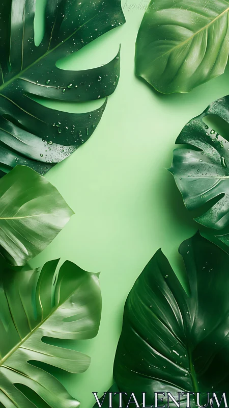 Lush tropical leaves framing a calm soft green retreat.