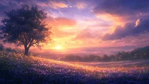 Sunlit meadow and tree glow beneath radiant pastel skies.